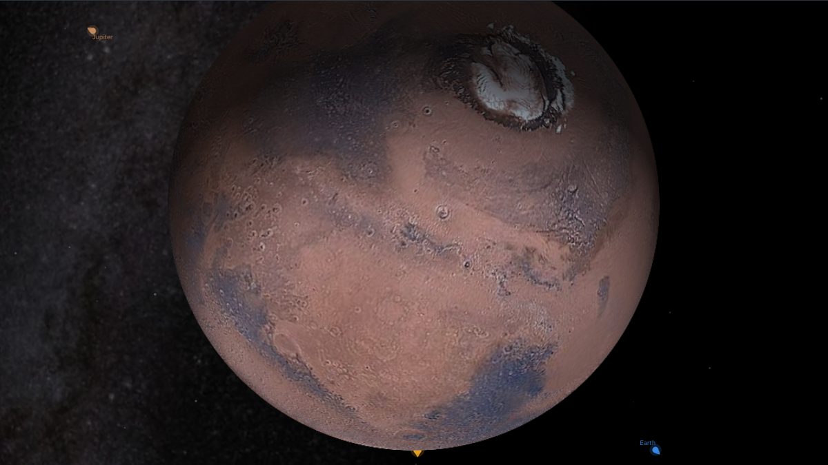 NowSky orbit view following Mars up close, with a real surface map on the planet