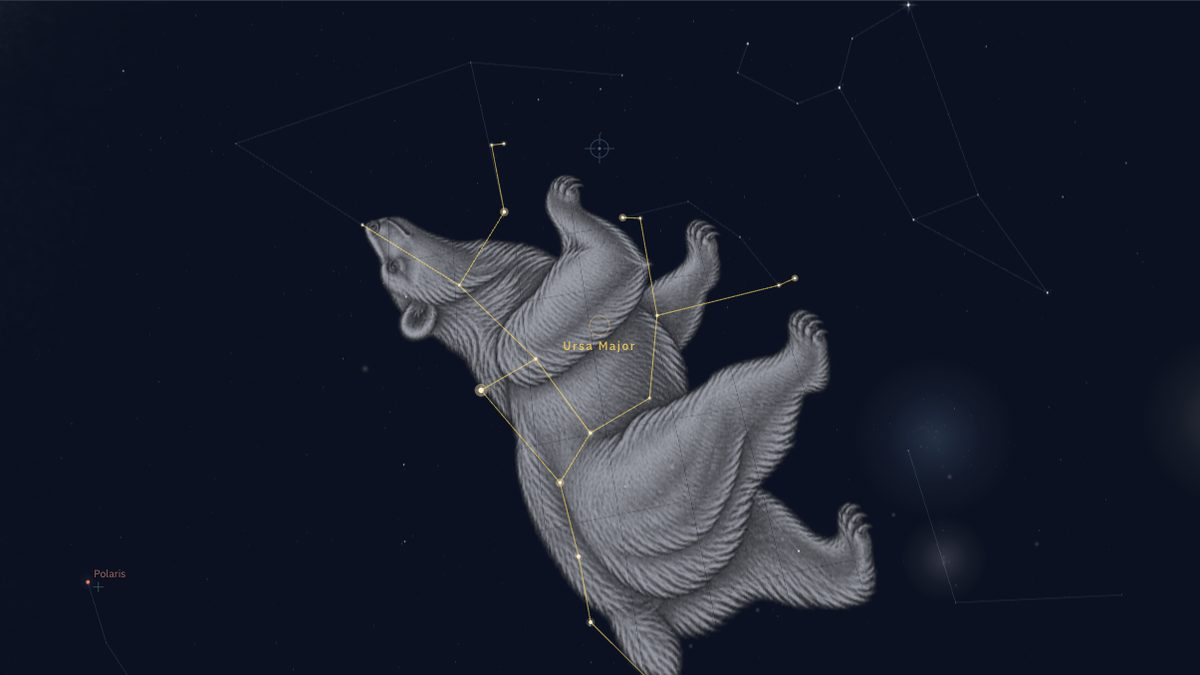 NowSky sky view with Ursa Major selected, showing the bear artwork with the Big Dipper, or Plough, forming its back and tail