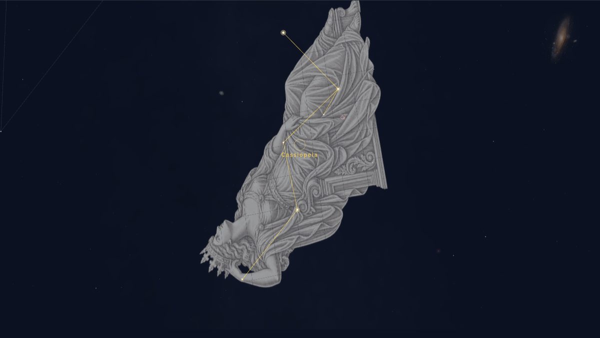 NowSky sky view with Cassiopeia selected, the W of five stars overlaid with the seated queen artwork