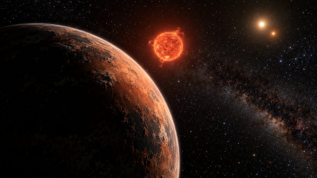 Illustration of a rocky planet orbiting a red dwarf, with two distant yellow suns in the background