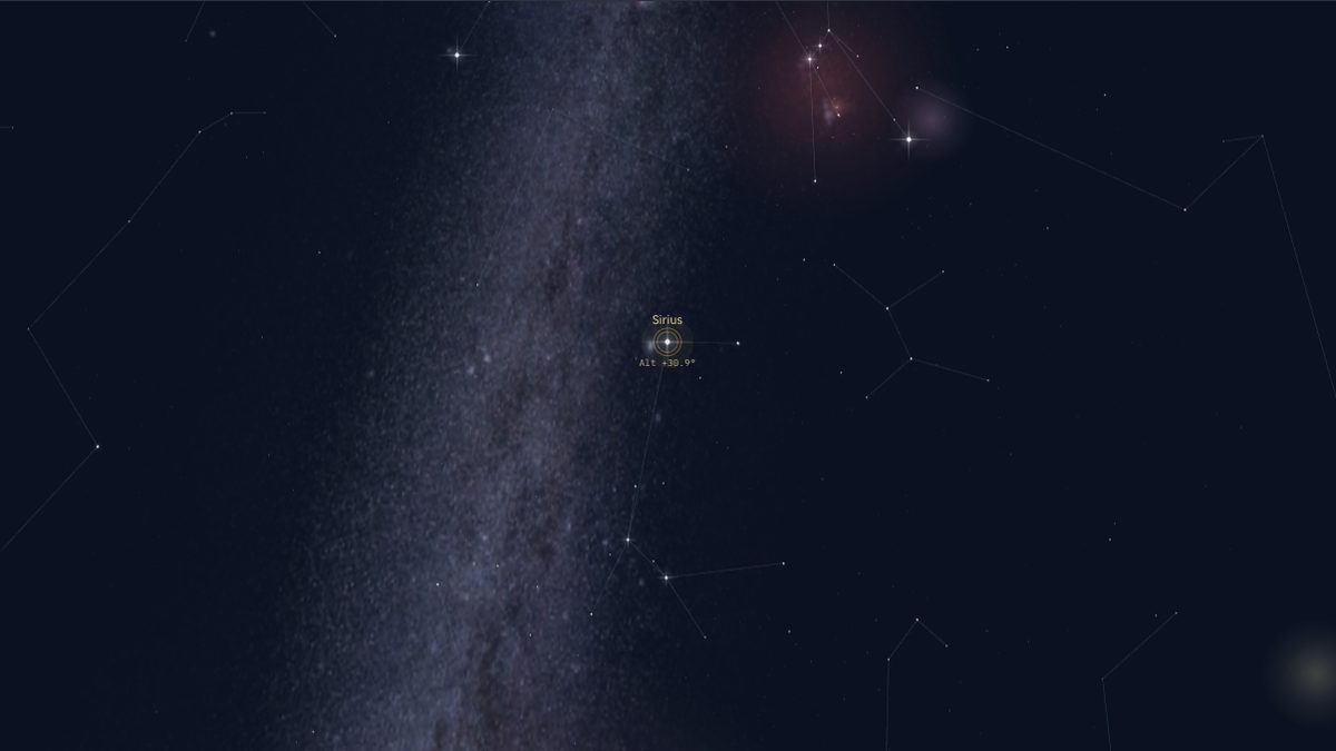 Sirius in Canis Major in the southern sky of a New York winter evening, in the NowSky sky view