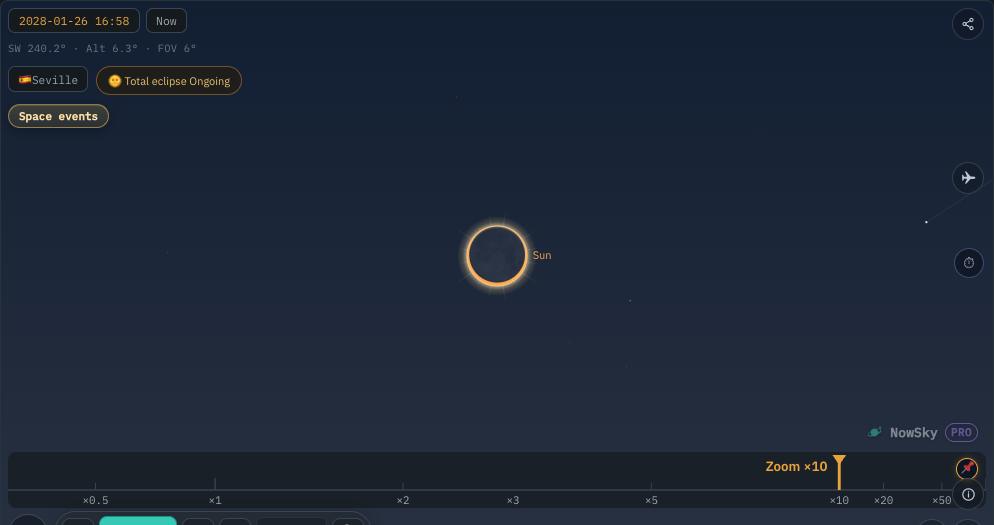 NowSky simulator view — Annular eclipse — a ring at Spanish sunset (2028)