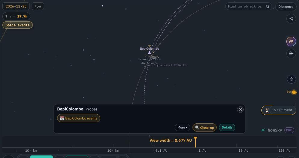 NowSky simulator view — BepiColombo enters Mercury orbit
