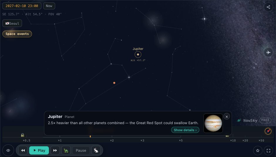 NowSky simulator view — The sky view with Jupiter selected (10 February 2027, 23:00 local time). The unusually bright point among the stars is Jupiter; the card shows a photo and description.