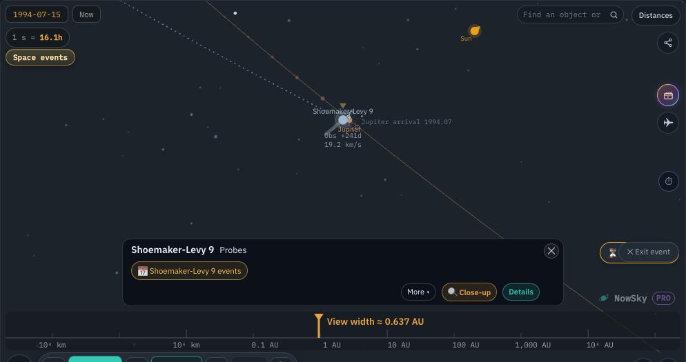 NowSky simulator view — Shoemaker–Levy 9 hits Jupiter