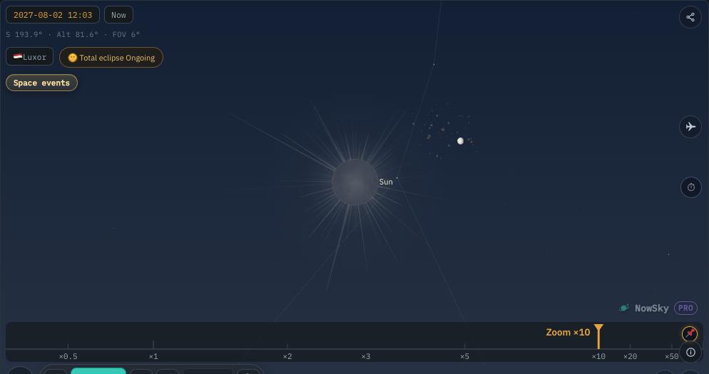 NowSky simulator view — The sky view’s reconstruction of the total solar eclipse over Luxor on 2 August 2027 at maximum. The corona and streamers appear only while the Moon fully covers the Sun.